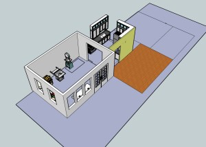 The outside box is the whole of my property...note that the shop (which would be built as a "sunroom" for code reasons) is larger than the kitchen...natch.