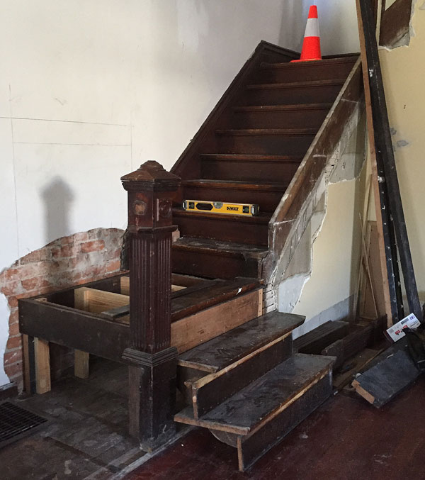 Not the right newel post, and the treads were lopped off at both ends years ago, so I have to make new ones. But this gives the general idea. 